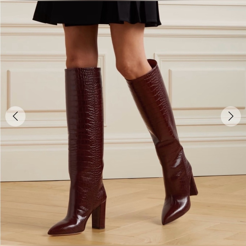 Paris Texas Anja knee-high boot pointed toe chunky heel brown croc leather 39 9